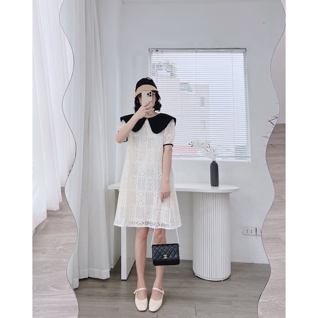 Váy Ren Cổ Nơ Đen Dáng Suông A Rất Xinh