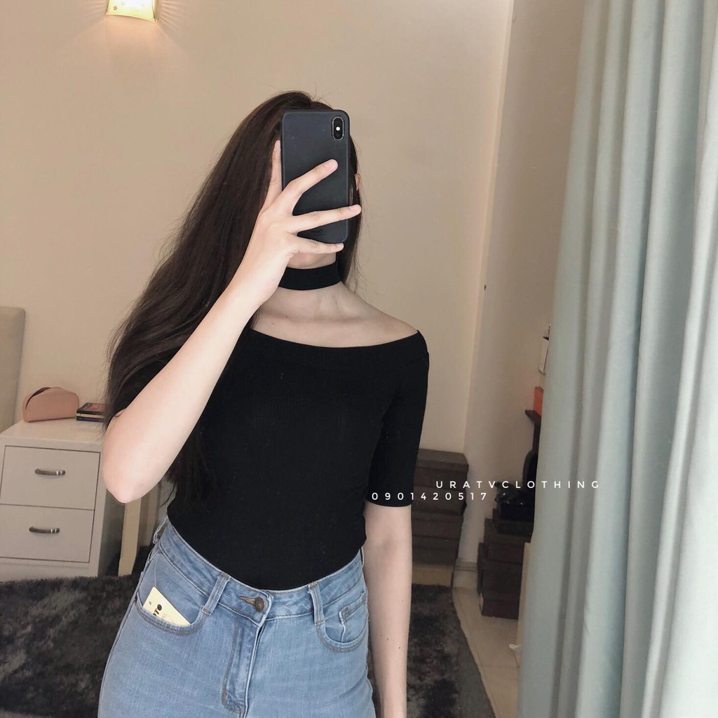 [FREESHIP - ẢNH THẬT] Áo thun gân CHOKER BẸT VAI tay lửng