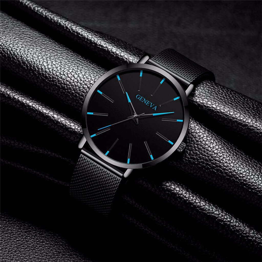 GENEVA Watch Men Black Stainless Steel Mesh Belt Business Quartz Watch