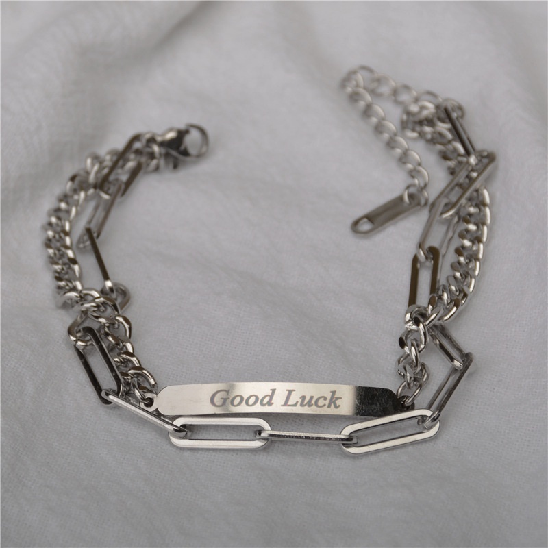 Vòng Tay Hai Lớp Bằng Thép Titan Không Phai Khắc Chữ May Mắn Phong Cách Hip hop Thời Trang Cho Nữ