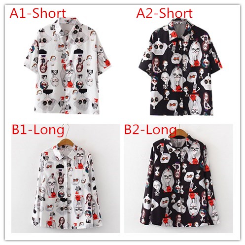 Áo sơ mi ngắn tay/dài tay in họa tiết ngộ nghĩnh phong cách retro