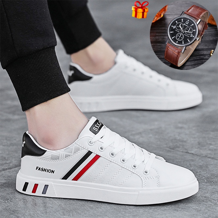 Giày Nam Sneaker Bằng Da Mềm Mịn Form Gọn Ôm Chân Tặng Kèm Đồng Hồ Nam