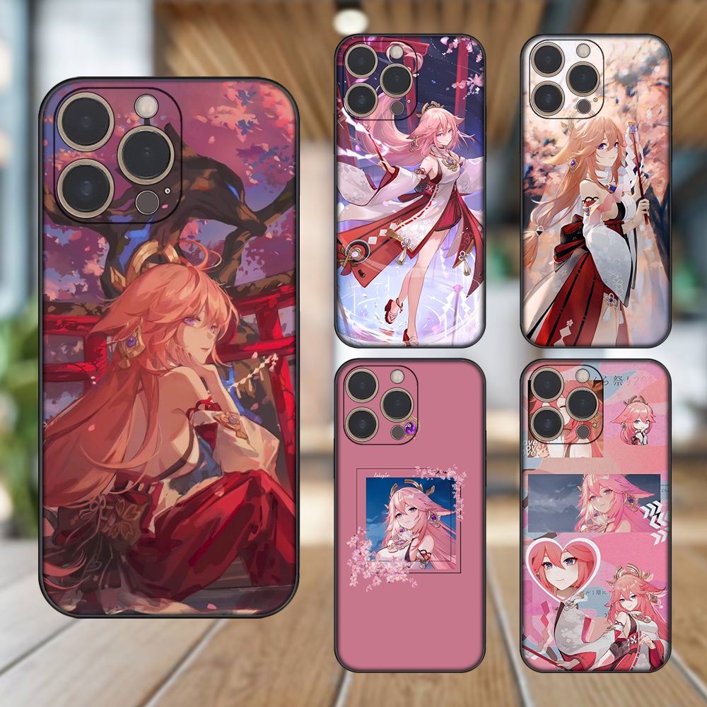 Ốp lưng iPhone 13 Pro dẻo đen cạnh vuông in hình Yae Miko Genshin Impact
