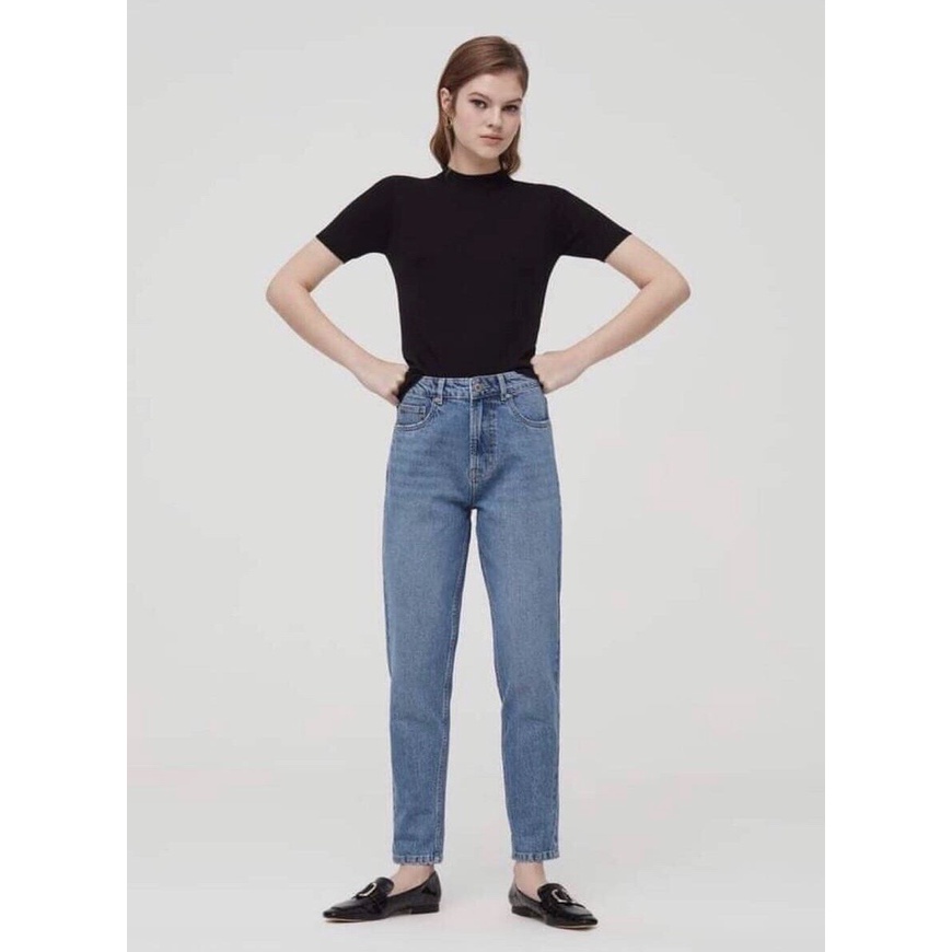 Quần Mom Jeans Nữ Lưng Cao Xanh Wash Râu Mèo M-02B