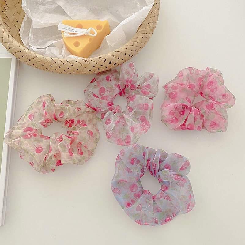 Chun cột tóc scrunchies voan mỏng trái cây Cherry