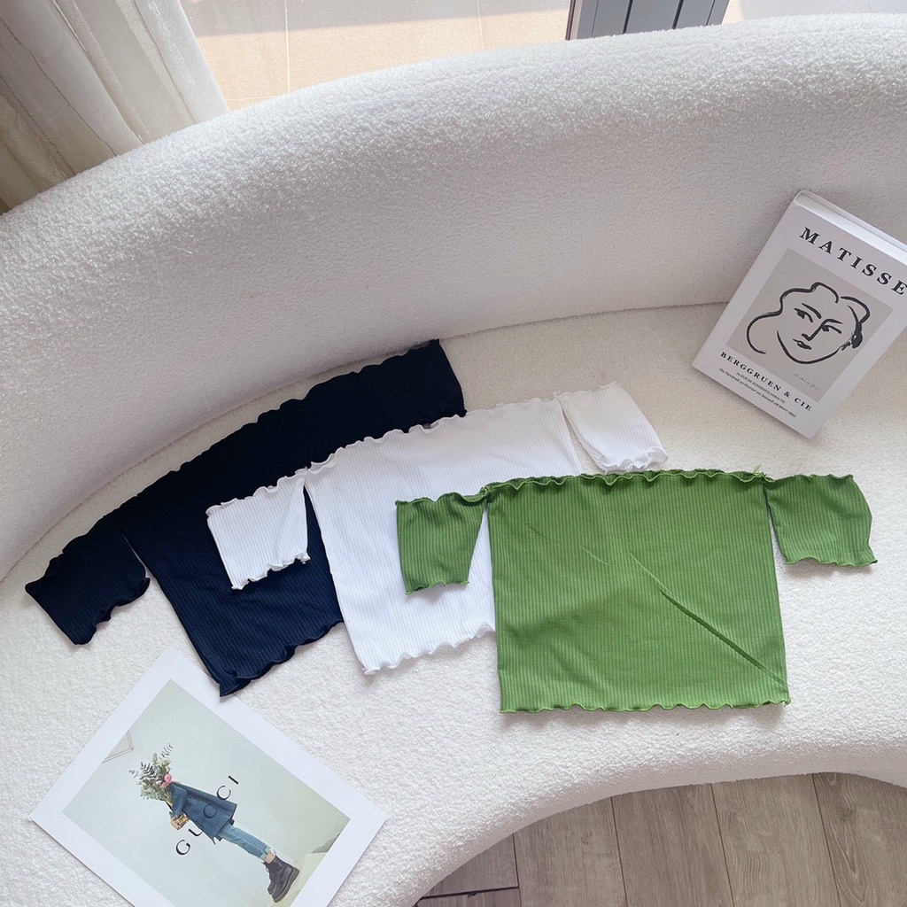 Áo kiểu thun gân trễ vai viền biên cực xinh hot hit