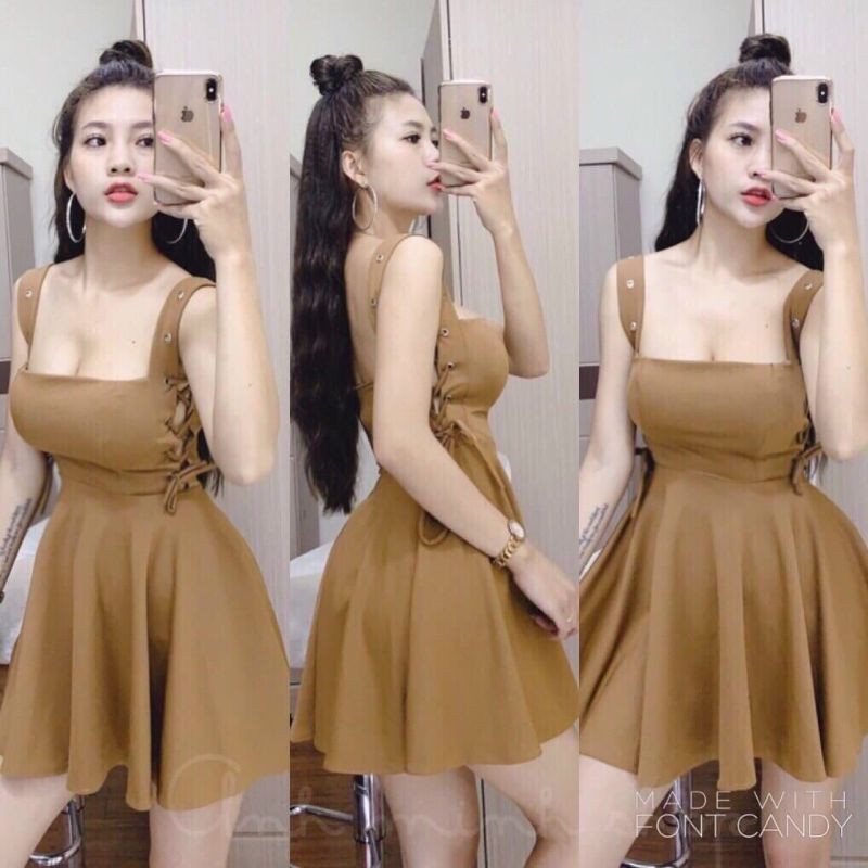 Đầm xòe hai dây đan dây mắt cáo thời trang