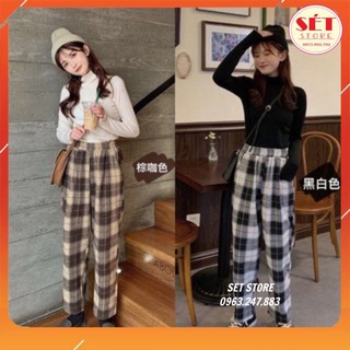 Quần ống rộng nữ,Quần nữ đẹp dáng dài kẻ caro màu đen
