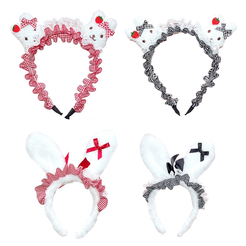 Băng Đô Tai Thỏ Phối Lông Xù Sọc Ca Rô Phong Cách Lolita Dành Cho Nữ