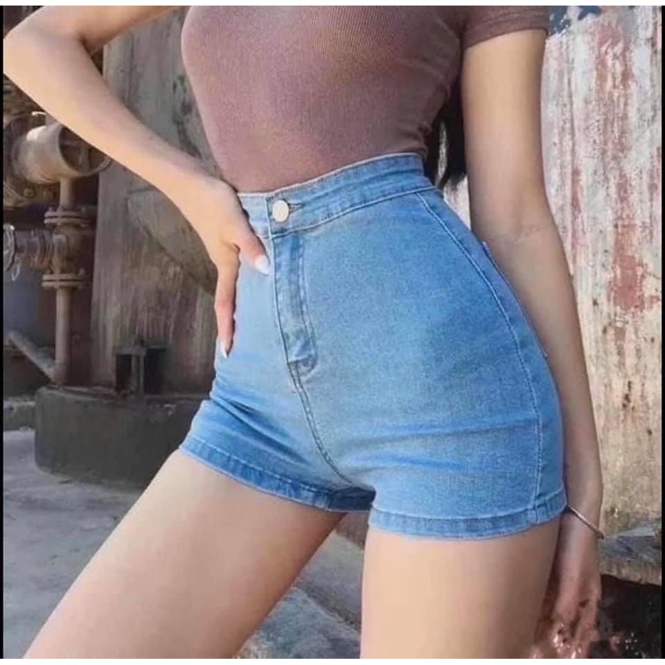 Quần short nữ sooc jean trơn cạp cao giấu bụng