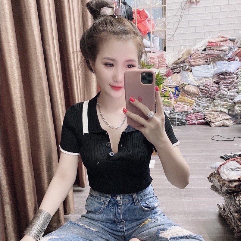 ÁO CROPTOP KIỂU CỔ SƠ MI ÔM BODY PHỐI VIỀN VẢI THUN GÂN MỀM MỊN [FREESHIP] [CLIP THẬT] hàng loại 1, form ôm body chuẩn