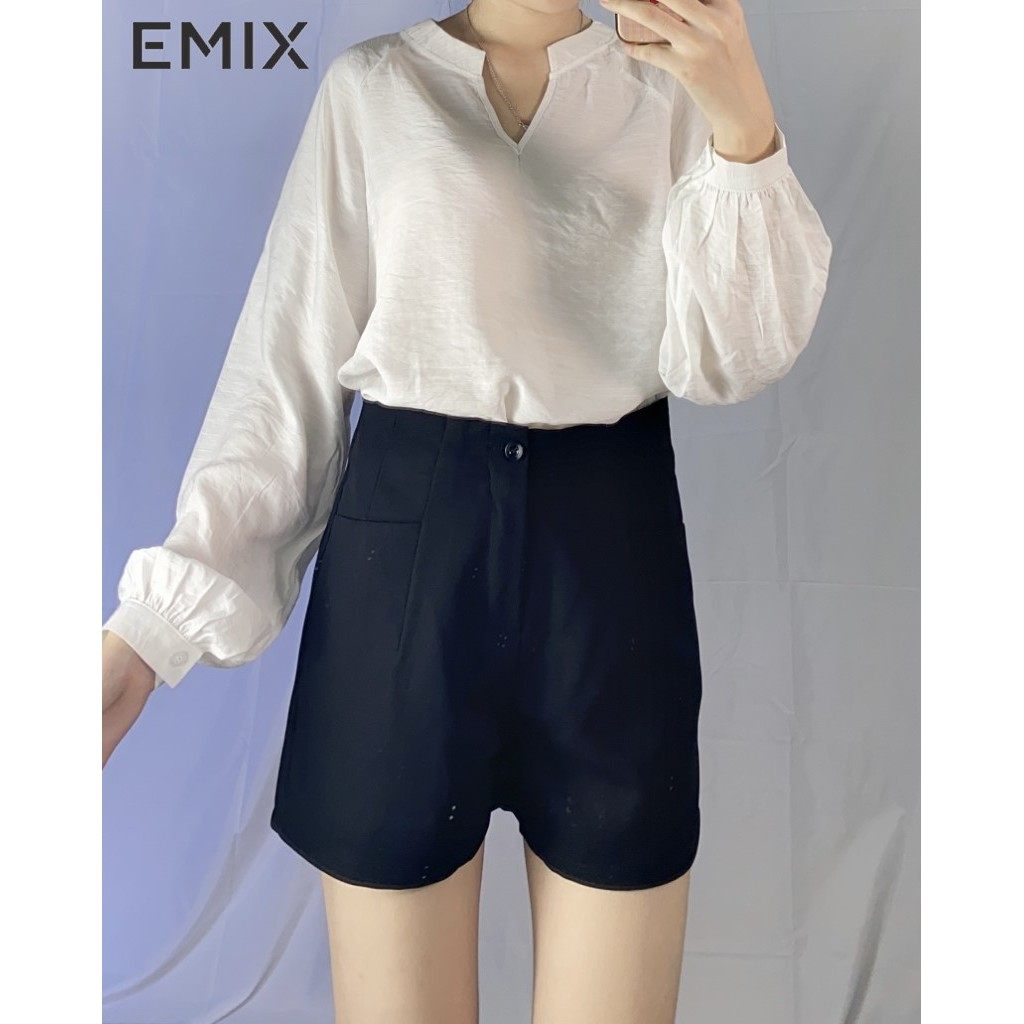 Áo sơ mi nữ tay bồng EMIX (màu trắng), cổ tàu xẻ v, chất đũi tằm, mát mịn