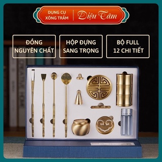 Dụng cụ xông trầm đồng 12 món, lư đồng dùng xông trầm thay cho thác khói trầm hương, lư điện xông trầm Diệu Tâm