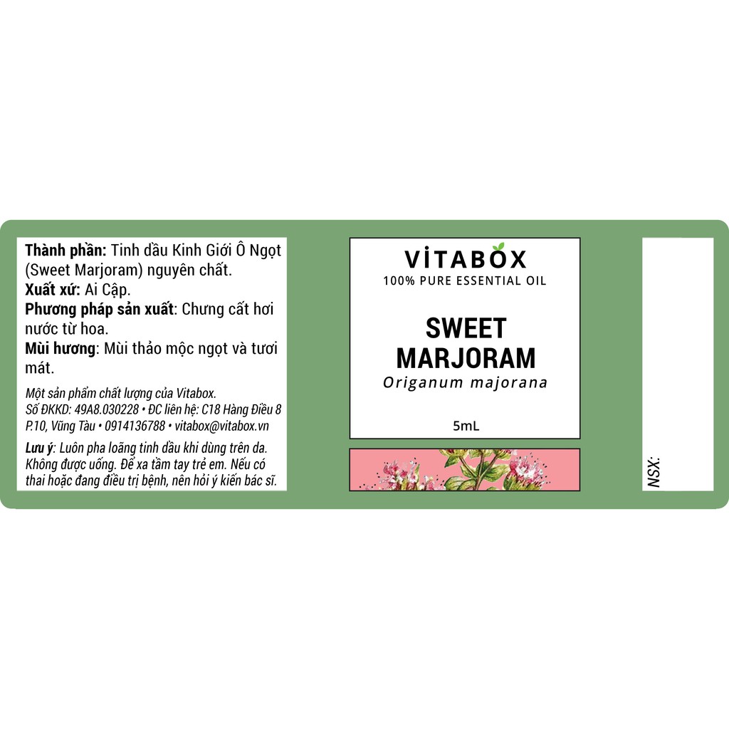 Tinh dầu Kinh Giới Ô Ngọt Sweet Marjoram VITABOX - 100% thiên nhiên nguyên chất - pure essential oil