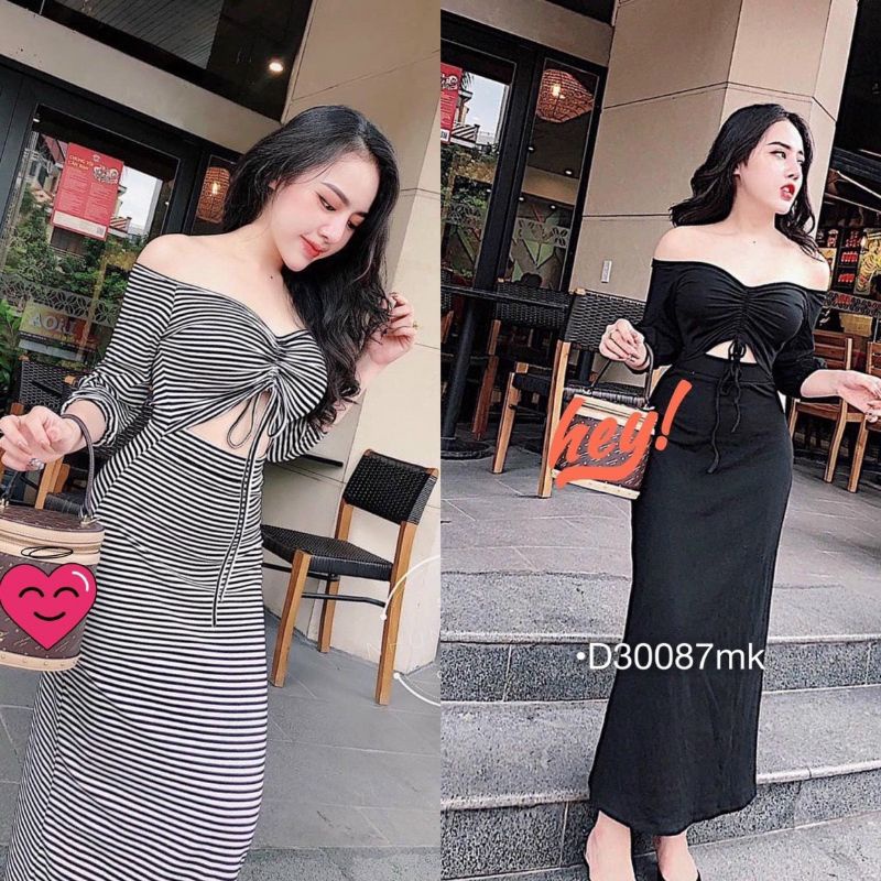 Đầm body tay dài dây rút ngực ,Đầm maxi trễ vai Nữ hở eo thun cotton co dãn