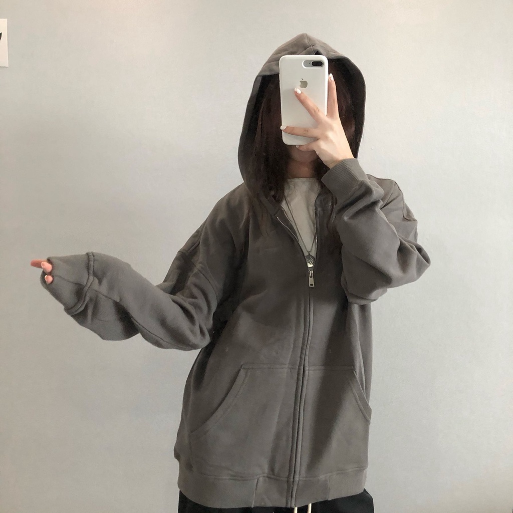 Áo Khoác Sweater Có Mũ Trùm Dáng Rộng Dây kéo Kiểu Hàn Quốc Thời Trang  Cho Nữ