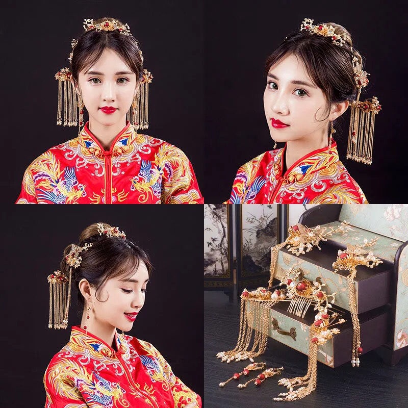 Bộ phụ kiện cài tóc cô dâu phối tua rua phong cách Trung Hoa cổ điển