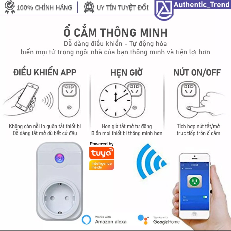 Ổ cắm Wifi Thông Minh tắt mở từ xa App Tuya Hẹn giờ tự động chuẩn Châu Âu điều khiển giọng nói Google Home Alexa