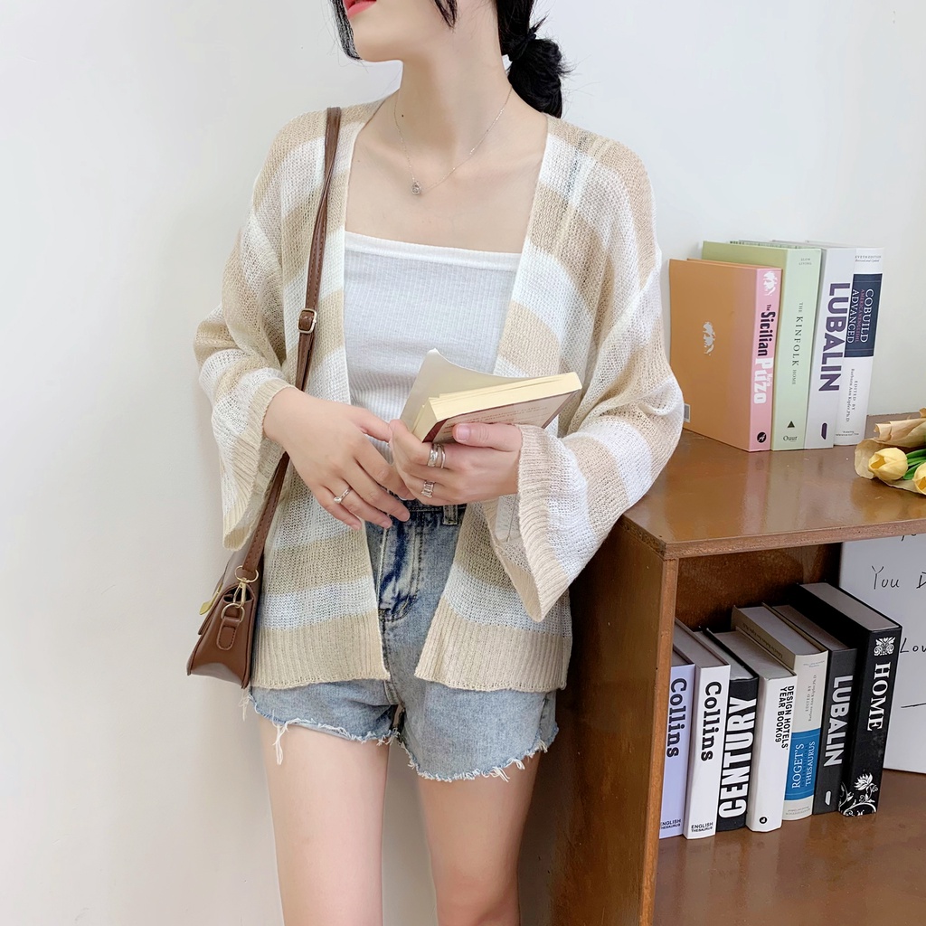 SUXI Áo Sơ Mi Dệt Kim Dáng Rộng Họa Tiết Kẻ Sọc Thời Trang Mùa Hè Phong Cách Vintage Cho Nữ