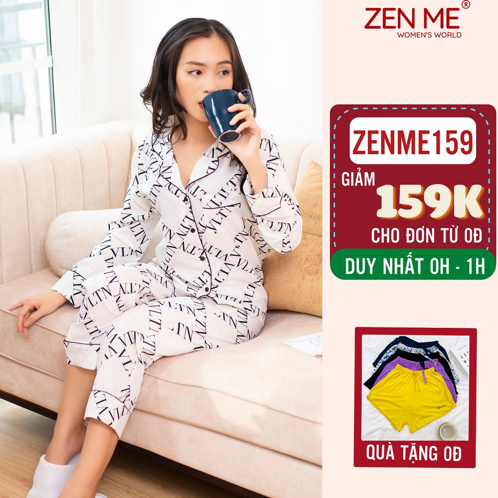 Đồ bộ nữ mặc nhà Zen Me bộ ngủ pijama lụa Giấy Luxury cao cấp dáng dài họa tiết thanh lịch hiện đại PJ1221