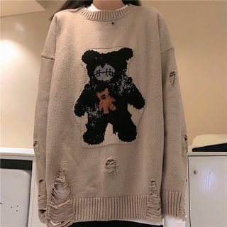 Áo Sweater Cổ Tròn Dáng Rộng Phối Rách In Hình Gấu Kiểu Hàn Quốc Cá Tính