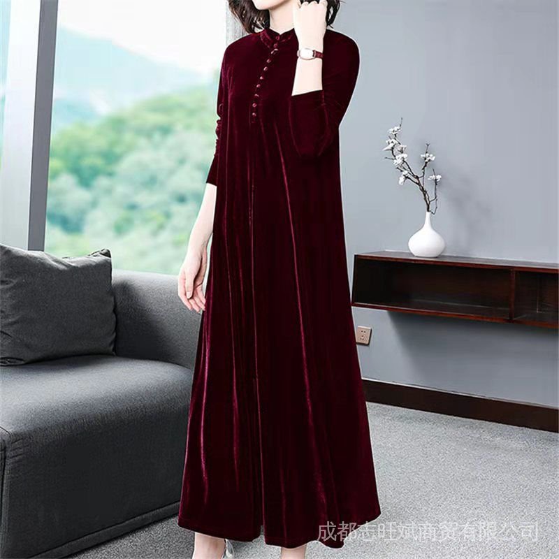 Đầm Nhung Dáng Dài Qua Gối Màu Vàng Đồng Phong Cách Phương Tây Sang Trọng Thời Trang Thu Đông Mới Cho Nữ