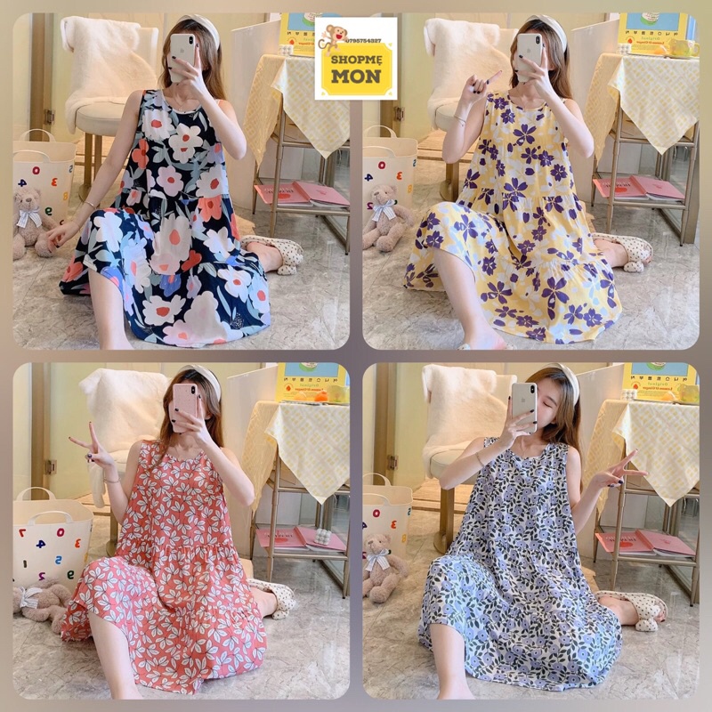 Váy Mặc Nhà Vải Lanh Sát Nách ( bầu to mặc được)