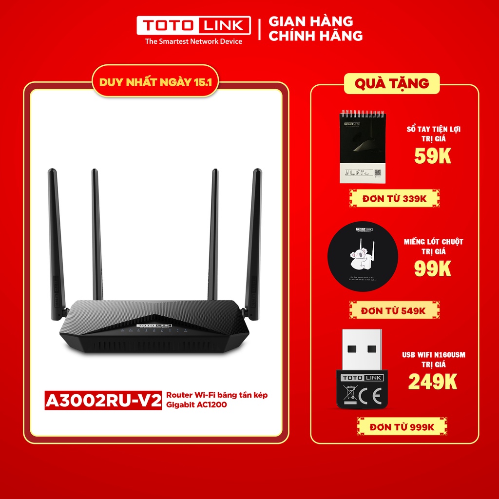 Cục phát wifi router wifi băng tần kép Gigabit chuẩn AC 1200Mbps TOTOLINK A3002RU-V2