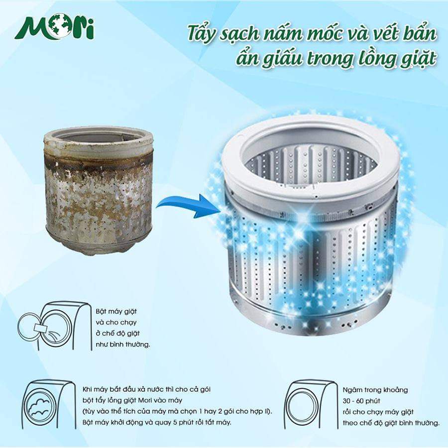 Bột tẩy lồng máy giặt MORI hộp 250g - đánh bay các cặn bẩn, mảng bám trong lồng máy giặt