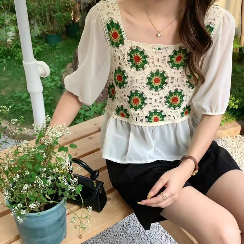 Áo Chiffon Cổ Vuông Tay Phồng In Họa Tiết Hoa Thời Trang Cho Nữ