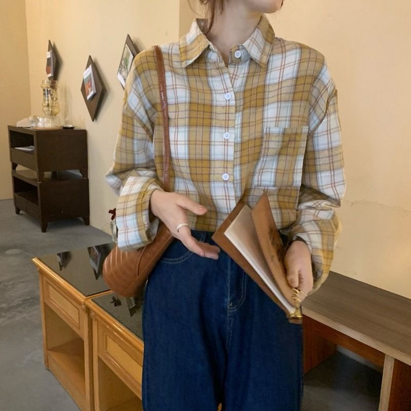 COZOK Áo Sơ Mi Dáng Rộng Kẻ Sọc Kiểu retro Hàn Quốc Dễ Phối Đồ