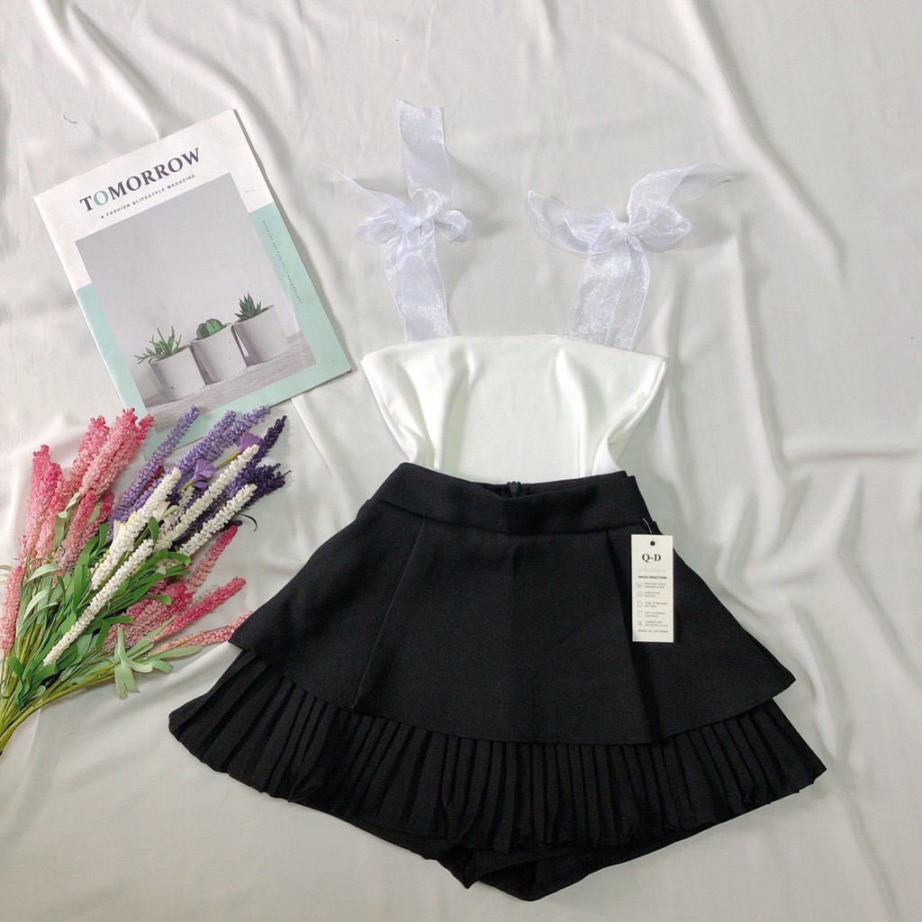 set áo ruy băng chân váy dập ly dưới xinh ảnh thật xinh tươi
