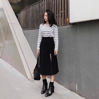 MIDI SKIRT - CHÂN VÁY ĐEN DÀI XẺ TÀ SIÊU HOT