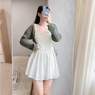 Bigsize hiếu hiếu ( set đầm dây nhíu ngực kèm khoác len 55-100kg )