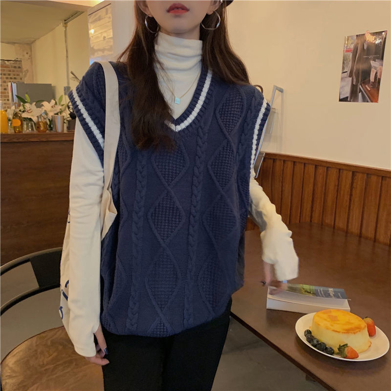 Áo len không tay dáng rộng cổ V phong cách xuân thu Hàn Quốc thiết kế thời trang cho nữ