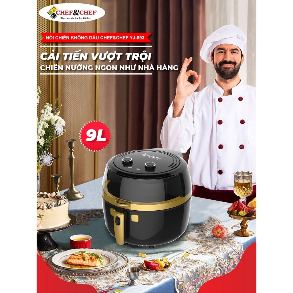 NỒI CHIÊN KHÔNG DẦU CHEF&amp;CHEF YJ- 933 DUNG TÍCH 9L NẮP KÍNH HIỆN ĐẠI, TRONG SUỐT