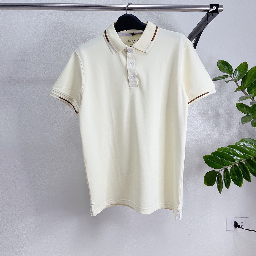 Áo polo nam cao cấp vải cotton dệt kim màu kem co dãn 4 chiều, Phối viền nâu sang trọng lịch lãm A03 - ZONADO