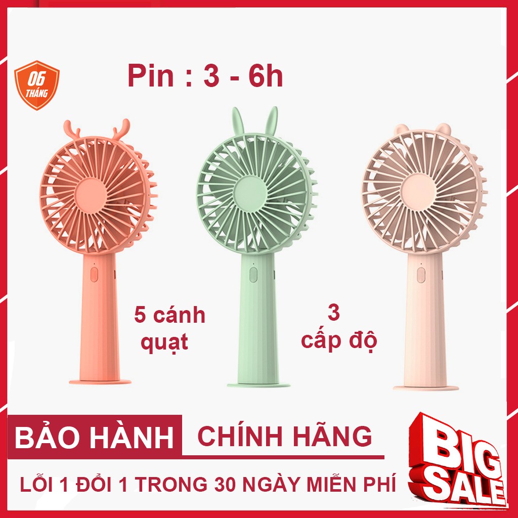 Quạt Mini Cầm Tay Sử Dụng Đến 6h Pin 1800mAh Có 3 Cấp Độ Gió Tặng Kèm 3 Tai Hình Thú