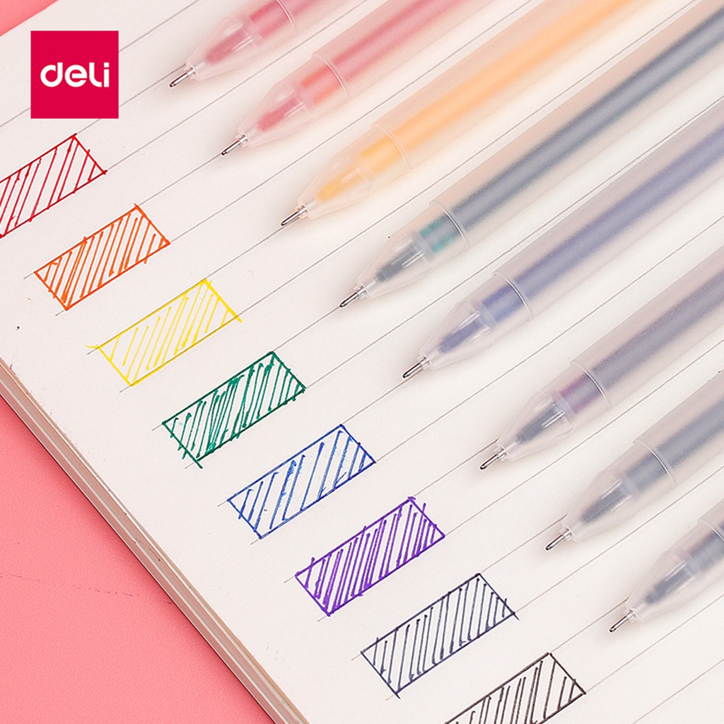 Bộ 8 bút nước mực gel nhiều màu ngòi 0.5mm Deli kèm 8 ống mực thay thế thiết kế xinh xắn nét viết đều đẹp lâu hết mực