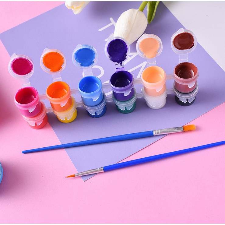 Bộ 12 Màu Vẽ Acrylic 3ml Kèm 2 Cọ Vẽ - Màu Acrylic Mini Vẽ Áo, Tô Tượng Thạch Cao, Vẽ 3D, Giày, Thủy Tinh, Gỗ