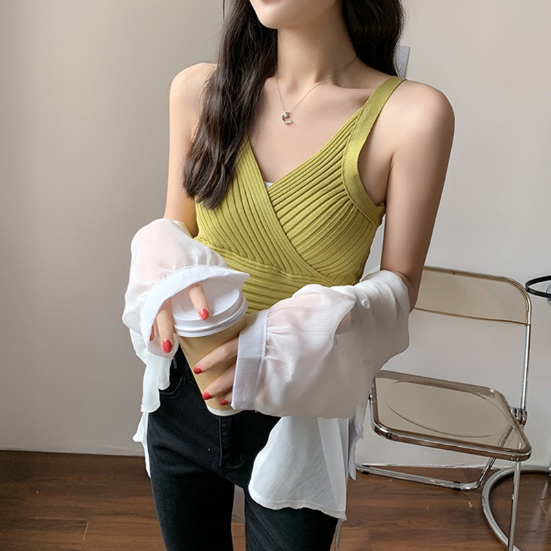 Áo Croptop Dệt Kim Không Tay Cổ Chữ V Sâu Màu Trơn Họa Tiết Kẻ Sọc Màu Sắc Thời Trang Cho Nữ