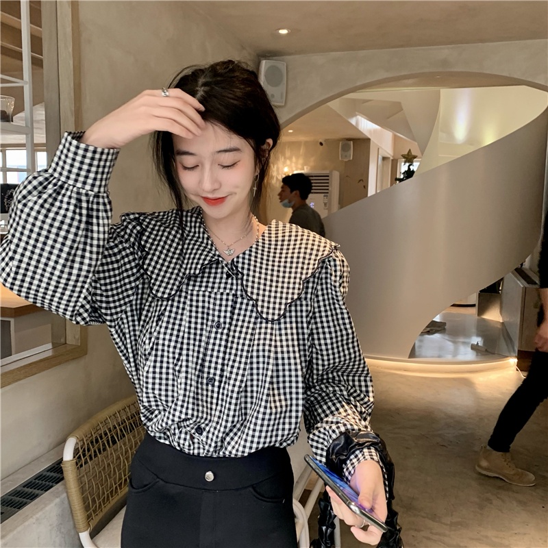 Áo sơ mi tay dài cổ búp bê họa tiết kẻ sọc phong cách retro đáng yêu cho nữ