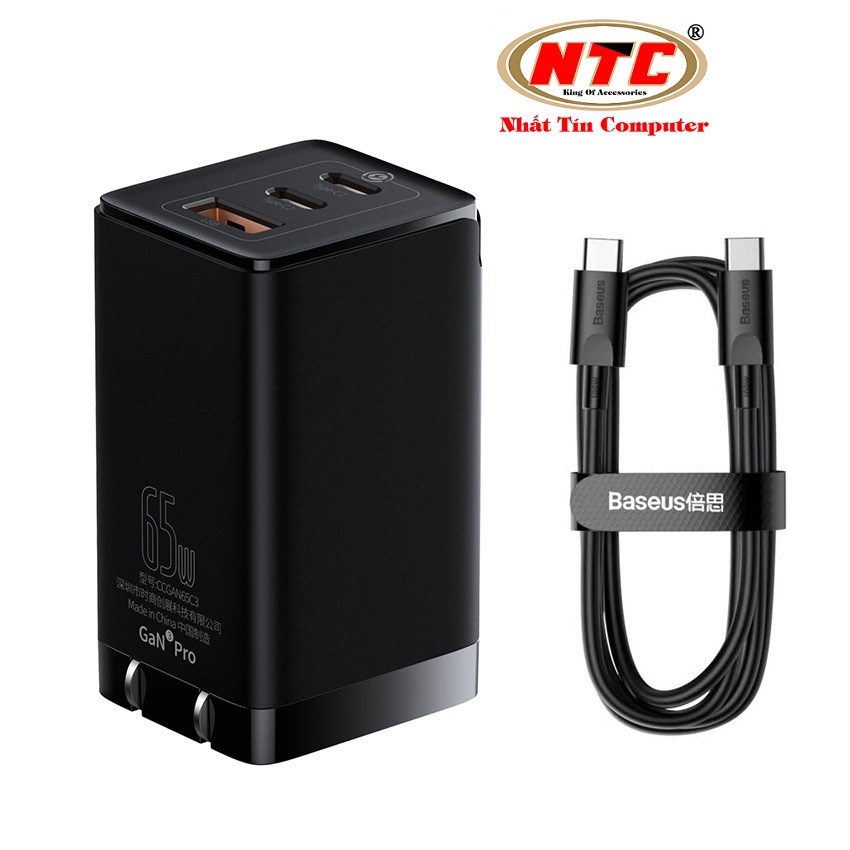 Bộ cốc sạc 3 cổng và cáp TypeC to TypeC Baseus GaN3 Pro 65W hỗ trợ PD3.0/ PPS/ QC4.0/ SCP/ FCP - Hãng phân phối