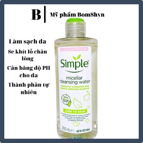 Nước tẩy trang Không Cồn Sạch Sâu Dịu Nhẹ Simple Micellar Cleansing water 200ml