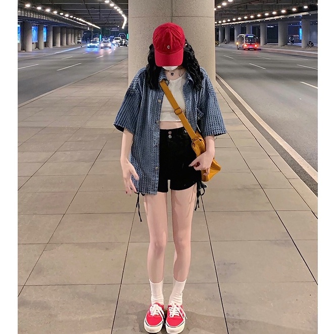 Áo Sơ Mi denim Tay Ngắn Cổ Gập Phong Cách Hàn Quốc Thời Trang Cho Nữ