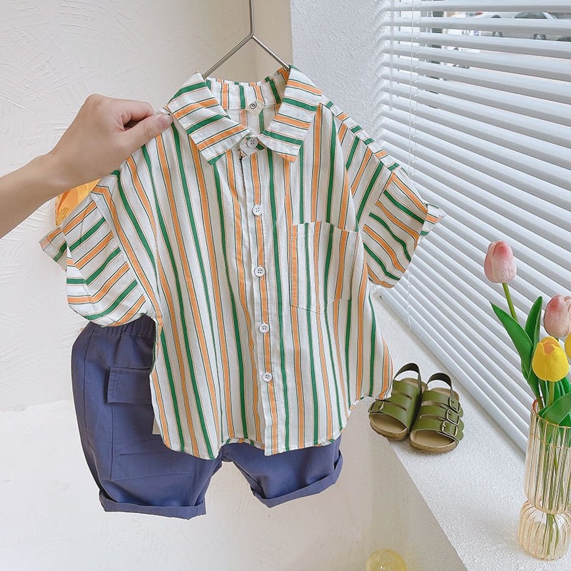 Bộ Sơ Mi Kẻ Bộ Cộc Tay Quần Sooc Chất Vải Đũi Mềm Mịn Co Dãn Cho Bé Từ 5Kg Đến 32Kg Thời Trang Trẻ Em Tin Store