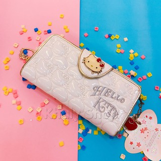 Bóp ví tiền cầm tay dài dây kéo da mềm bóng có icon Hello Kitty nổi 3D tim nổi nhiều ngăn màu trắng kem