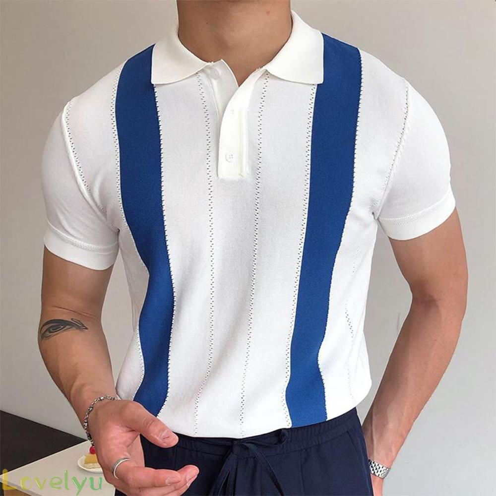 &lt;READY STOCK&gt;Summer Fashion Men Lapel Collar Top slim Shirt Casual Style Short Sleeve T-shirt White Striped Short Sleeves100% brand new！
