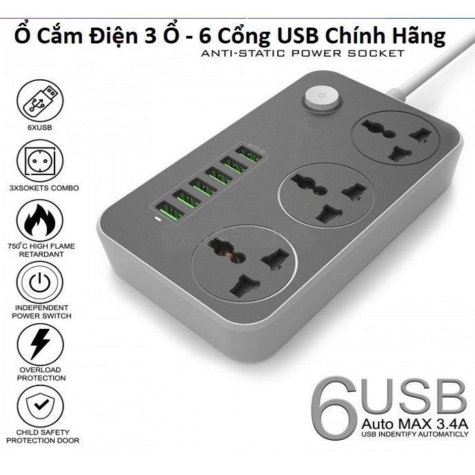 Ô cắm điện T08 có 6 Cổng USB Hỗ Trợ Sạc Nhanh 3.4A Tích Hợp IC Chống Cháy, Nổ, Quá Tải, An Toàn