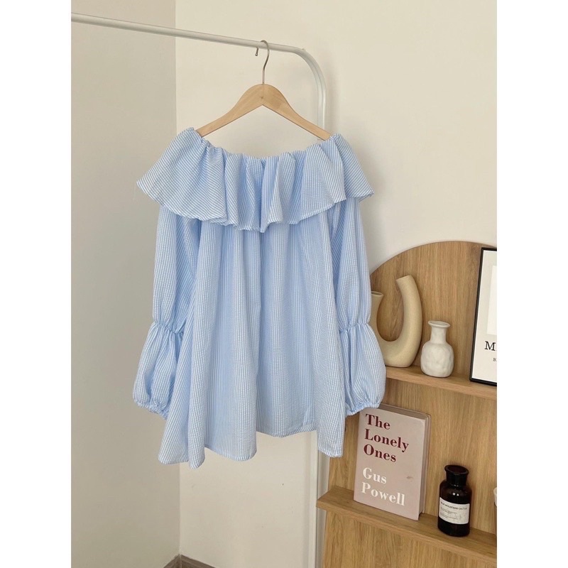 [SẴN/VIDEO] ÁO VÁY TRỄ VAI KẺ XANH BÈO TAY BO SIÊU XINH DỄ MẶC